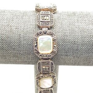 Unsigned Sterling Silver Bracelet Art Deco Mother of Pearl Marcasite White